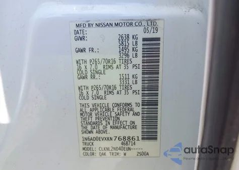 2019 Nissan Frontier Sv from USA, damaged, VIN 1N6AD0EVXKN768861